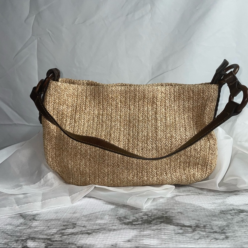 Fossil Straw Shoulder Bag Woven Boho Purse Striped Lining Neutral Tote